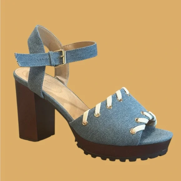 Cato‎ Comfort Denim Whipstitch Chunky Heel Platform Sandals 11W - Picture 2 of 10